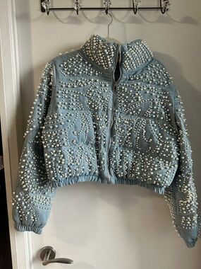 Pearl-Studded Light Blue Cropped Jean Jacket